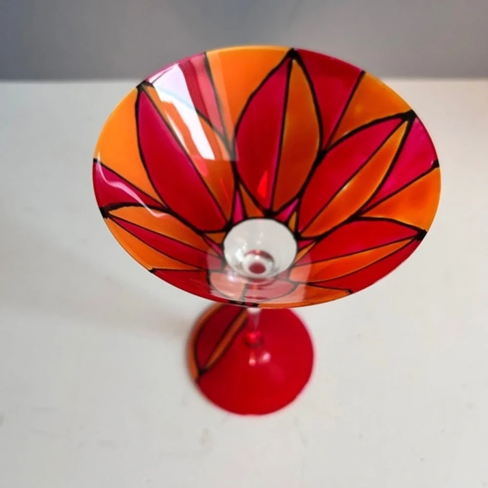 Martini Glasses Hand Painted Colorful Art Glass MCM Cocktail Barware Set Patio‎